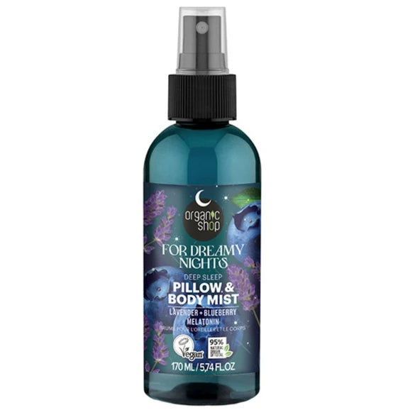 Organic Shop Dreamy Night Pillow & Body Mist Lavender + Blueberry Melatonin Χαλαρωτικό Mist Σώματος & Μαξιλαριού με Λεβάντα, Blueberry & Μελατονίνη 170ml